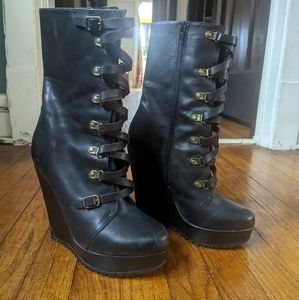 Black leather wedge boots